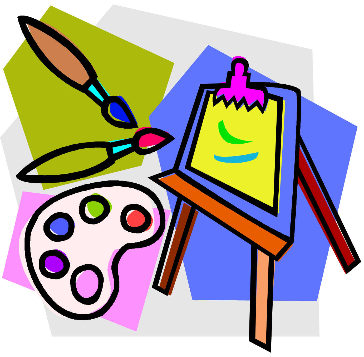 Colorful cartoon illustration of paintbrushes, palette, and easel with a smiling face painting.