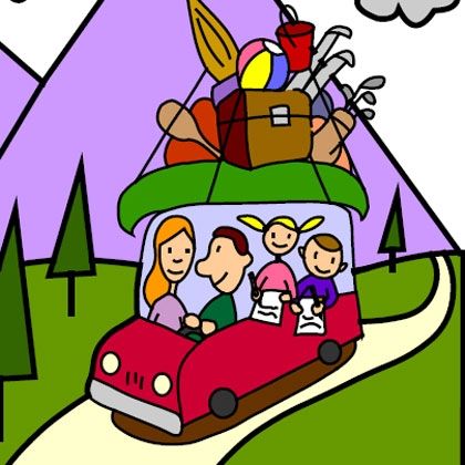 A cartoon family of four drives a red car packed with camping gear up a winding road toward purple mountains.