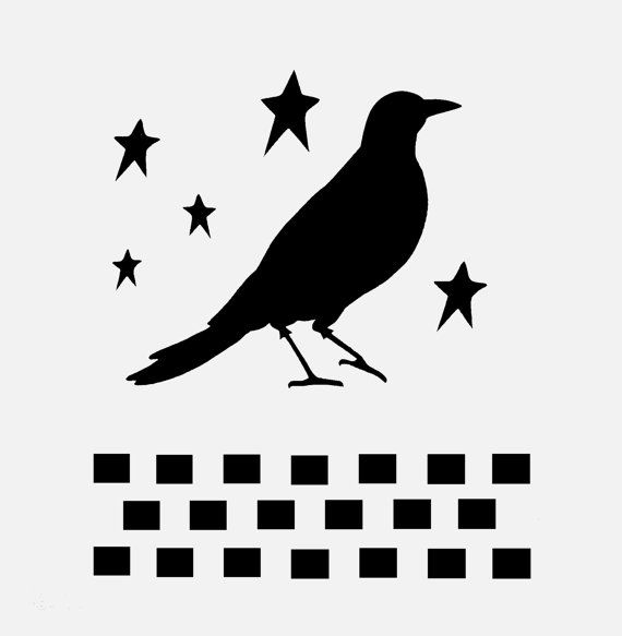 Black silhouette of a crow standing on a brick pattern with five stars above.