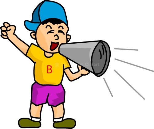 Boy in blue cap and yellow shirt shouting into megaphone with raised fist.
