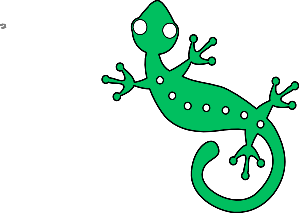 Bright green cartoon gecko with white spots, large eyes, and splayed toes on black background.