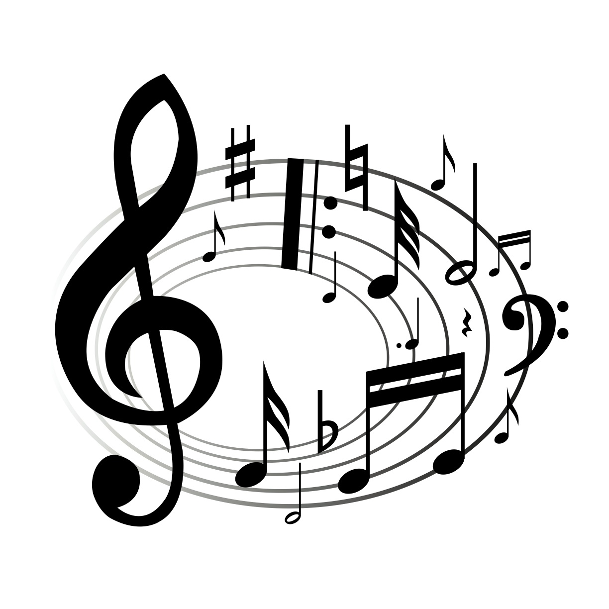 Musical notation symbols including treble clef, bass clef, notes, sharps, flats, and rests arranged in concentric circles.