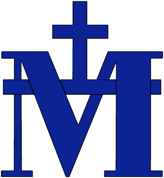 Blue Marian monogram featuring intertwined 'M' and 'I' with a cross above, symbolizing Mary and Jesus in Catholic tradition.