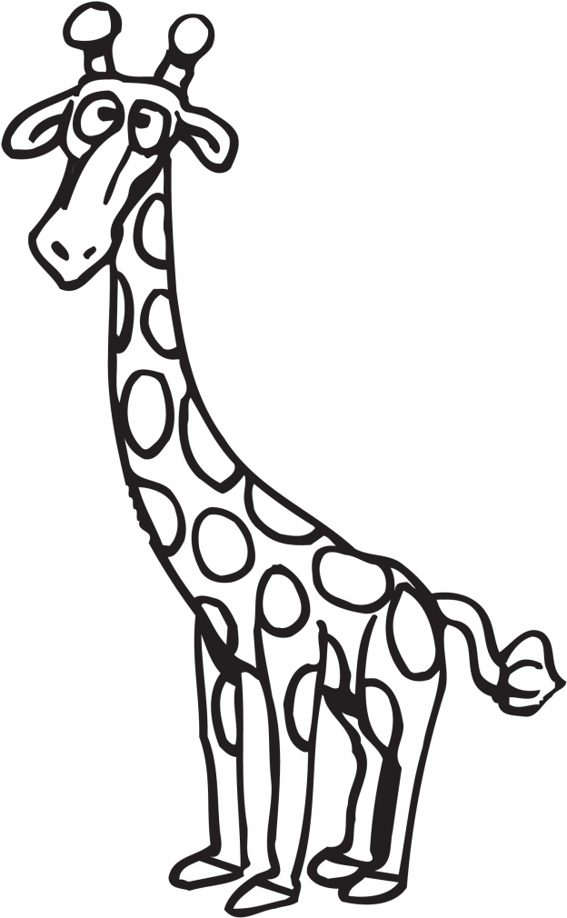 Cartoon giraffe with large eyes, ossicones, and spotted pattern, standing upright in black-and-white line art style.
