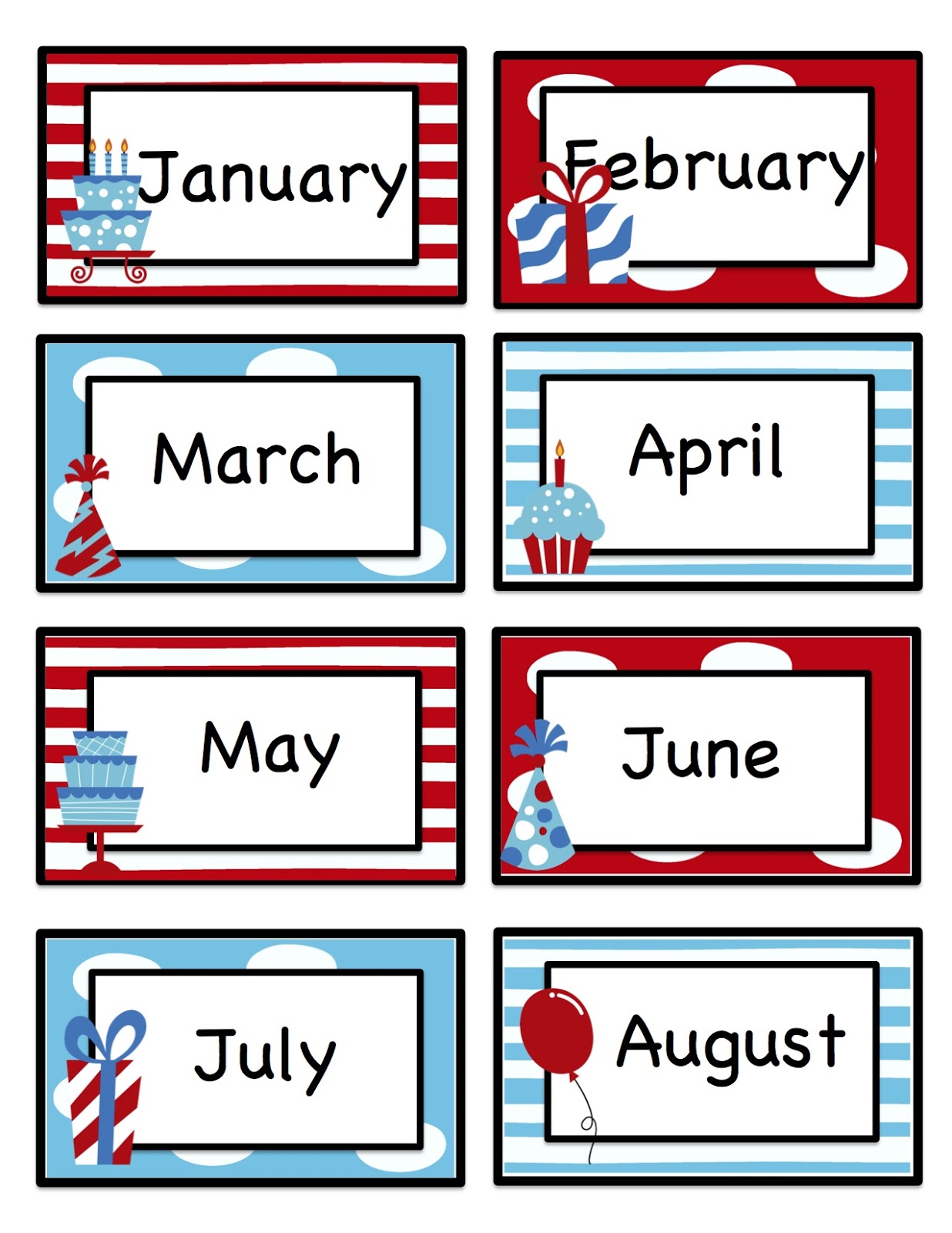 Colorful birthday-themed monthly calendar labels from January to August with festive icons and striped backgrounds.