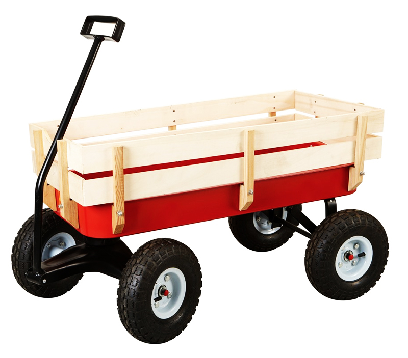 Red and natural wood kids' pull wagon with black handle and rugged tires on white background.