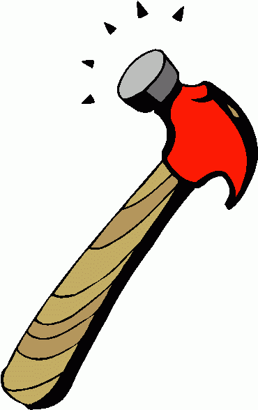 Cartoon-style claw hammer with wooden handle, red head, and impact sparks.