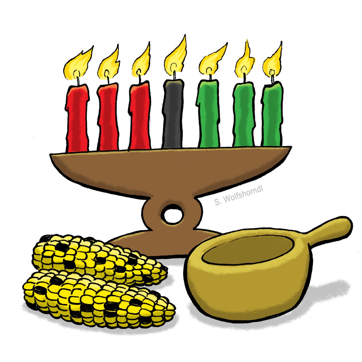 Kwanzaa kinara with seven lit candles (3 red, 1 black, 3 green), ears of corn, and a unity cup on white background.