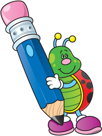 A cheerful green caterpillar with a ladybug shell holds a giant blue pencil with pink eraser.