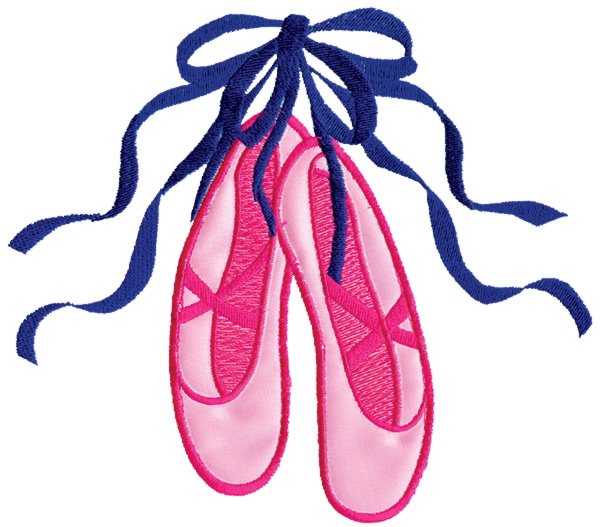 Pink ballet pointe shoes with navy blue ribbons tied in a bow, embroidered-style illustration.