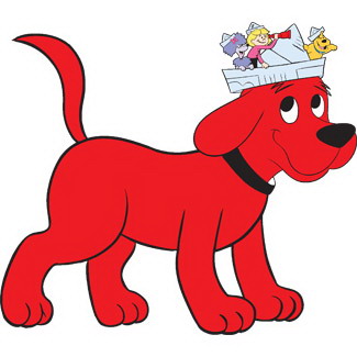 Clifford the Big Red Dog wearing a paper boat hat with children and a dog inside.