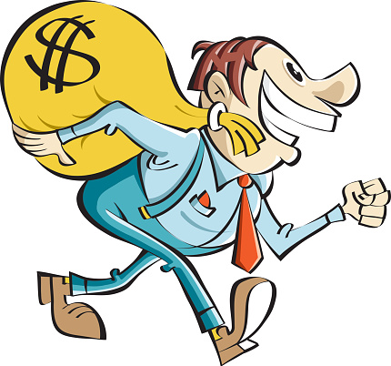 Happy businessman running with a large yellow money bag over his shoulder.