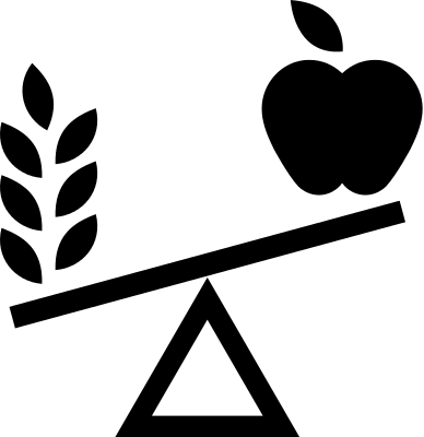 A black-and-white icon showing a balance scale with wheat on one side and an apple on the other, symbolizing food balance.
