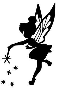 Silhouette of a fairy with wings, holding a wand and sprinkling stars.