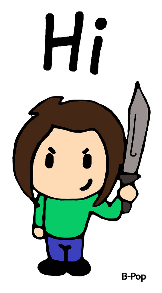 Chibi-style character with brown hair, green shirt, holding a knife, with "Hi" above and "B-Pop" signature.