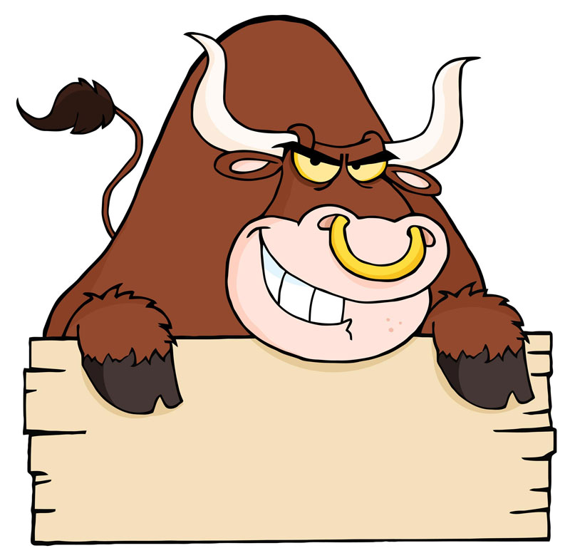 Angry cartoon bull with yellow nose ring peeking over a wooden sign, smiling mischievously.