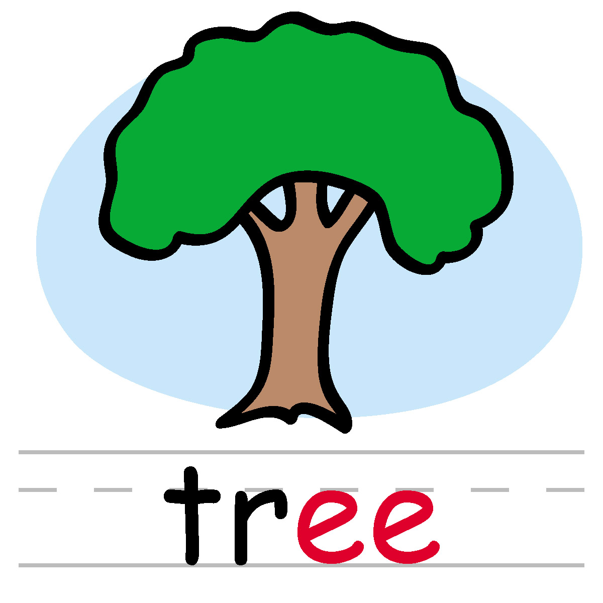 Simple cartoon tree with green canopy and brown trunk, labeled "tree" in black and red letters.