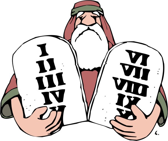Cartoon Moses holding two stone tablets inscribed with Roman numerals I-X representing the Ten Commandments.