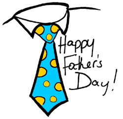 Hand-drawn blue polka-dot tie with "Happy Father's Day!" text, worn with a white collar.