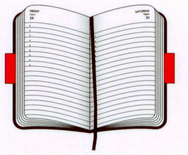 Open daily planner showing Friday and Saturday pages with red elastic bands and lined entries.