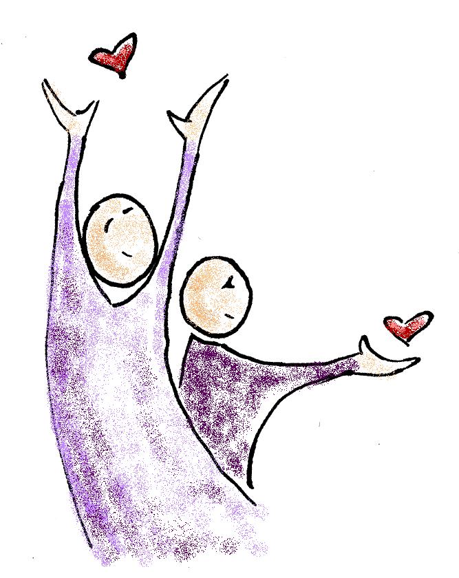 Two joyful figures in purple robes reaching upward, sharing red hearts in a gesture of love and connection.