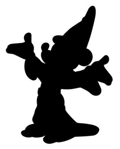 Silhouette of Mickey Mouse as the Sorcerer’s Apprentice, wearing a pointed hat and robe, arms outstretched in magical gesture.