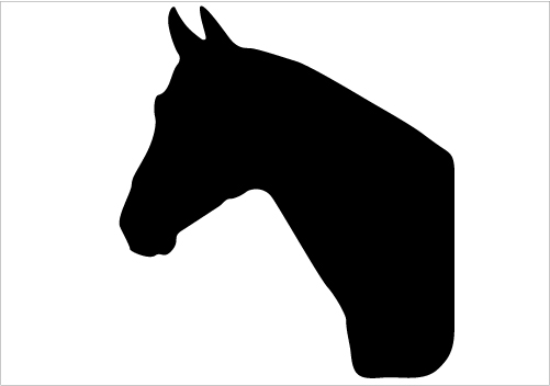 Black silhouette of a horse’s head and neck in profile, facing left, with pointed ears and defined jawline.