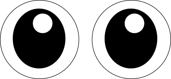 Simple black-and-white cartoon eyes with white sclera, black irises, and small white pupils, conveying curiosity or surprise.