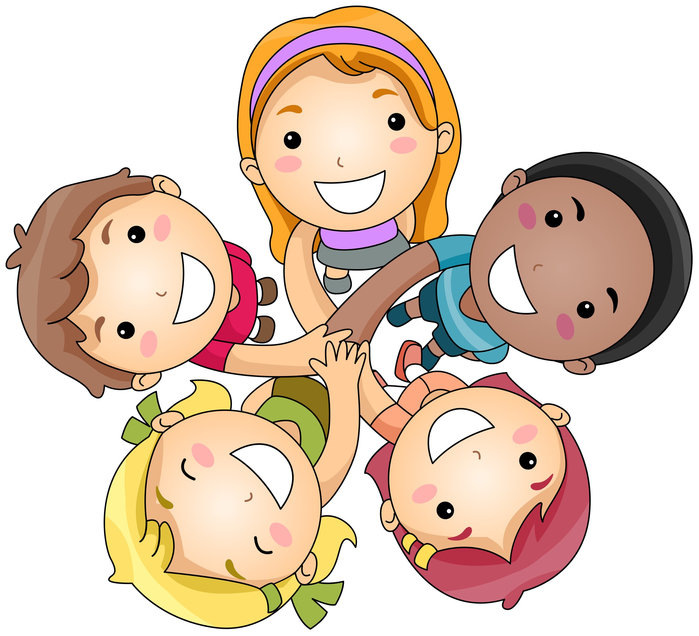 Five diverse cartoon children holding hands in a joyful circle, smiling and playing together.