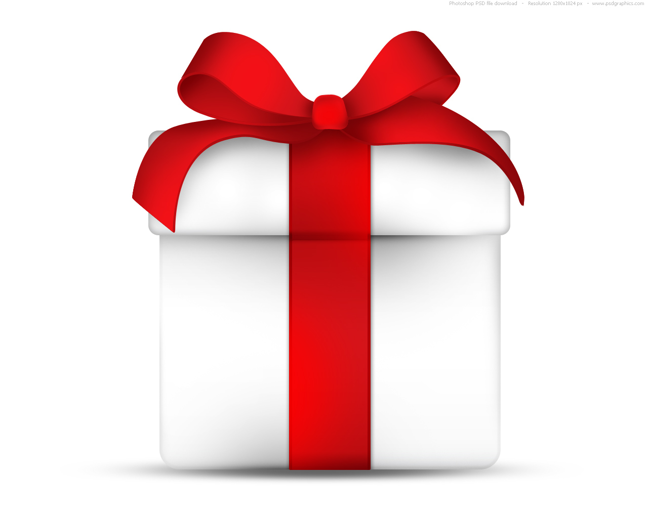 White gift box with glossy red ribbon and bow, casting soft shadow on white background.