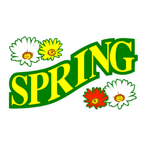 Stylized "SPRING" text in green and yellow with colorful daisies on white background.