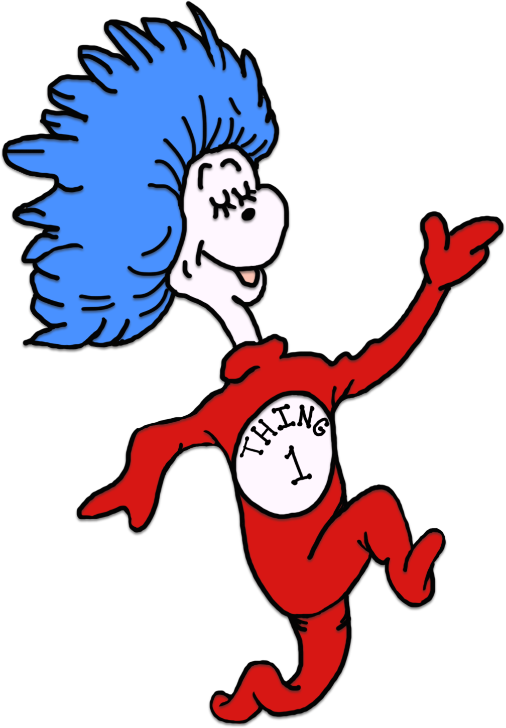 Thing 1 from Dr. Seuss’s The Cat in the Hat, wearing a red suit with "THING 1" on the chest and wild blue hair, waving joyfully.