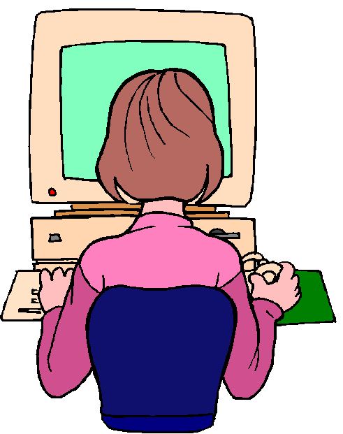 Person with short brown hair, wearing pink shirt and blue chair, typing on vintage beige computer with green screen.