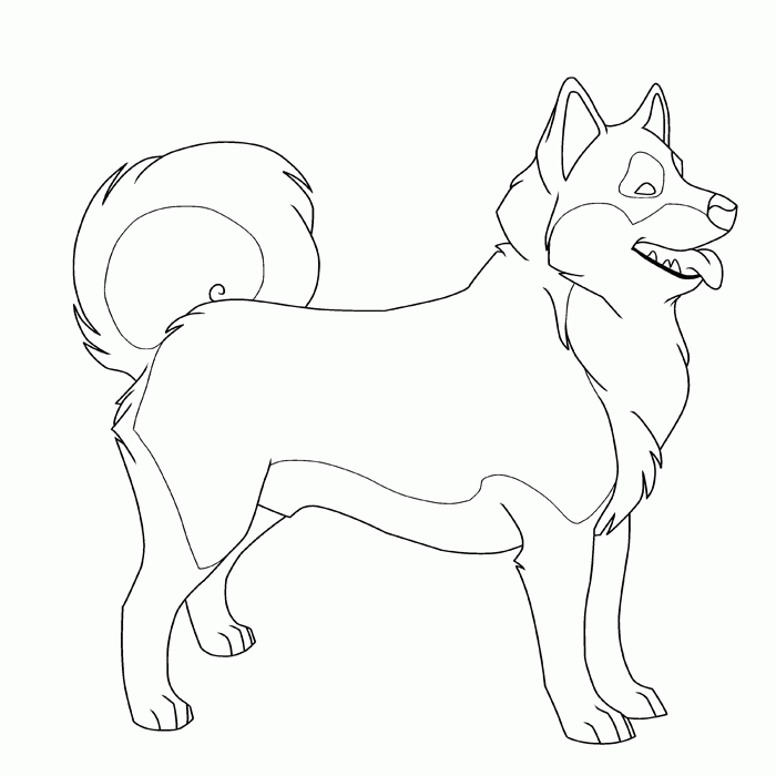 Line drawing of a standing dog with curled tail, open mouth, and alert posture, resembling a Shiba Inu or similar spitz-type breed.