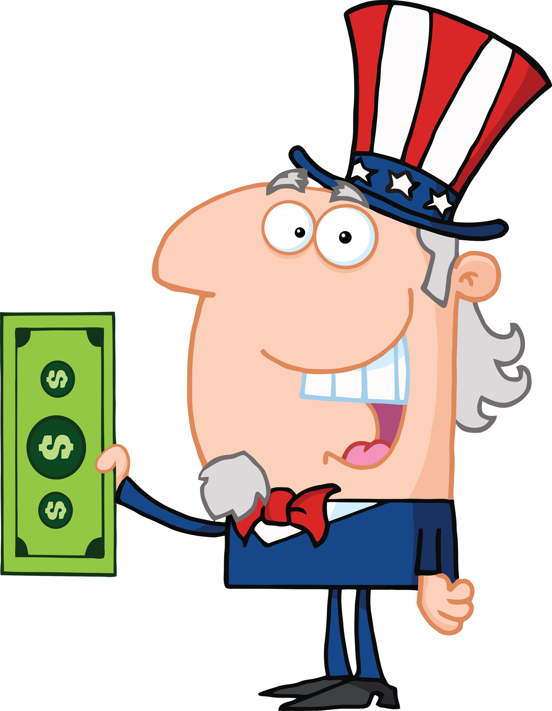 Uncle Sam cartoon holding a green dollar bill, wearing patriotic hat and suit, smiling broadly.