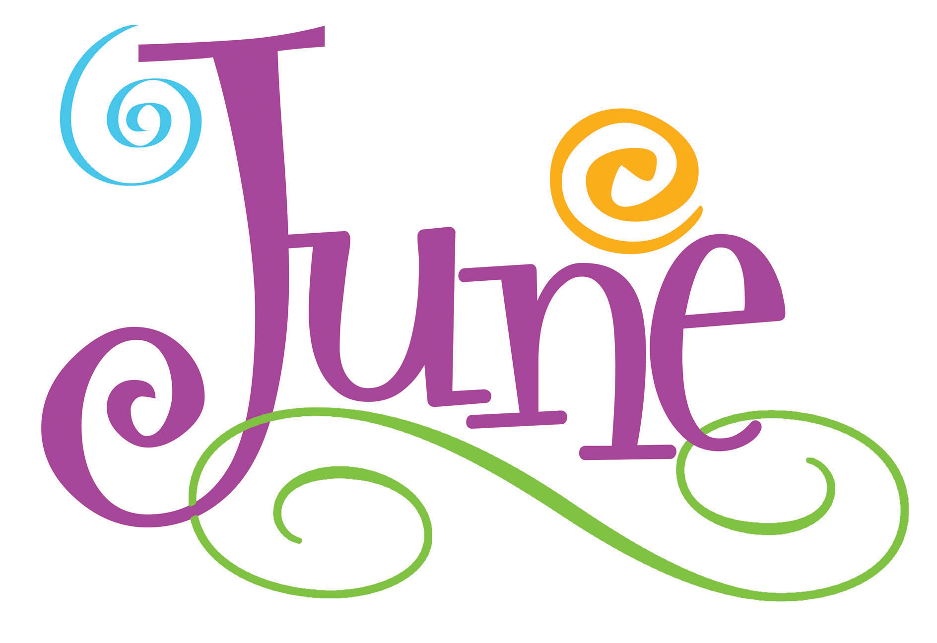 Decorative stylized word "June" in purple with colorful swirls in blue, yellow, and green on white background.