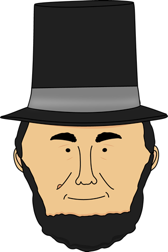 Cartoon illustration of Abraham Lincoln with top hat and beard.