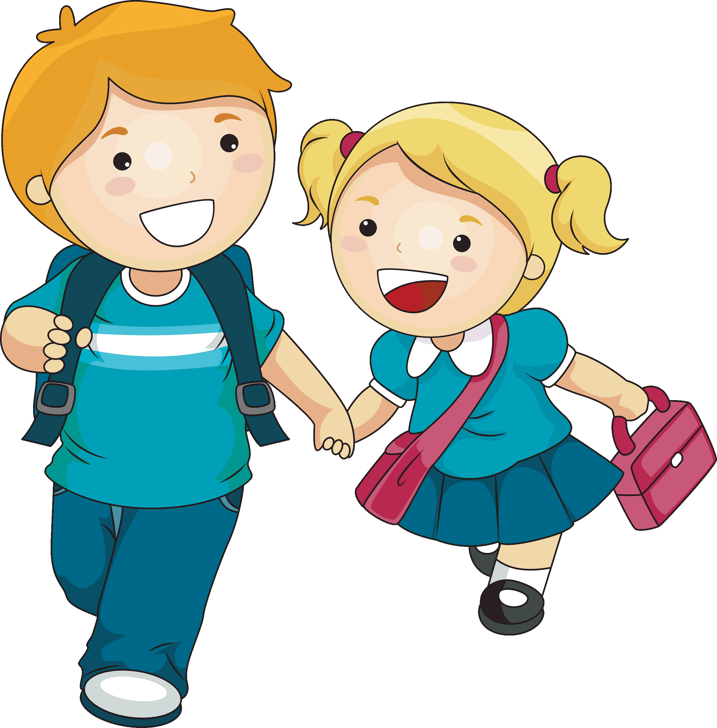Happy cartoon boy and girl holding hands, wearing school clothes and carrying backpacks and a lunchbox against purple background.