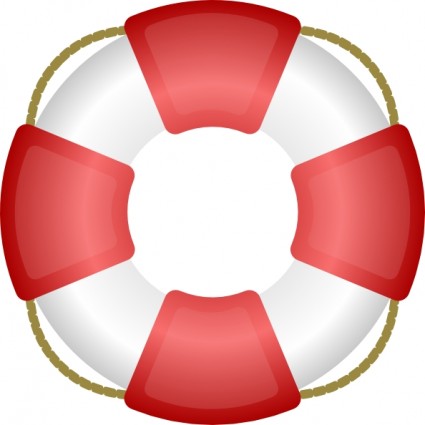 Red and white lifebuoy with rope trim, classic maritime safety device.