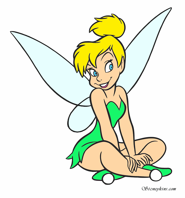 Tinker Bell sitting cross-legged, smiling, with yellow hair in a bun, green dress, and translucent wings.