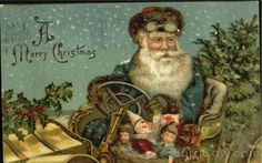 Vintage Christmas card featuring Santa Claus in a sleigh with children and holly, snow falling, "A Merry Christmas" script.