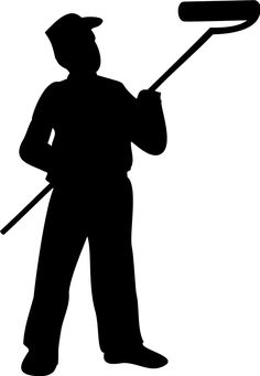 Silhouette of a painter holding a roller and brush, wearing a cap and work clothes.