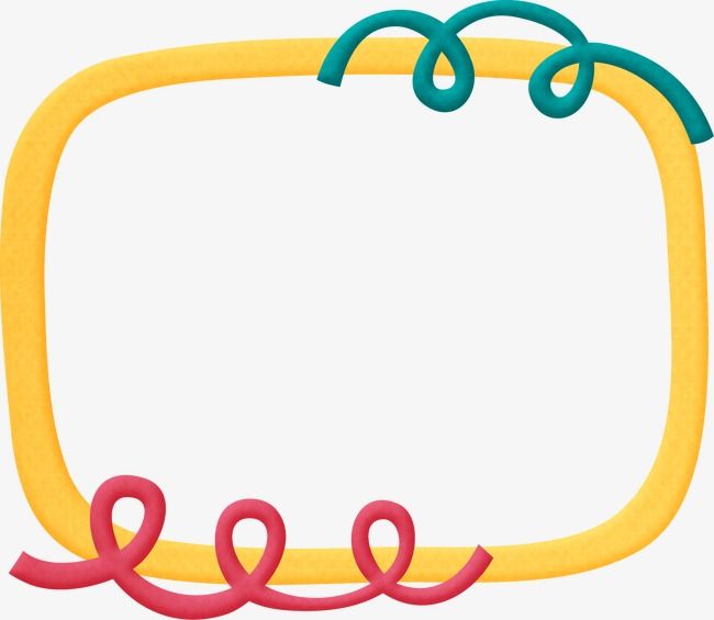 Playful yellow frame with teal and pink curly ribbons at top and bottom corners.