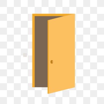 A bright yellow open door with a simple doorknob, revealing a dark interior against a transparent background.