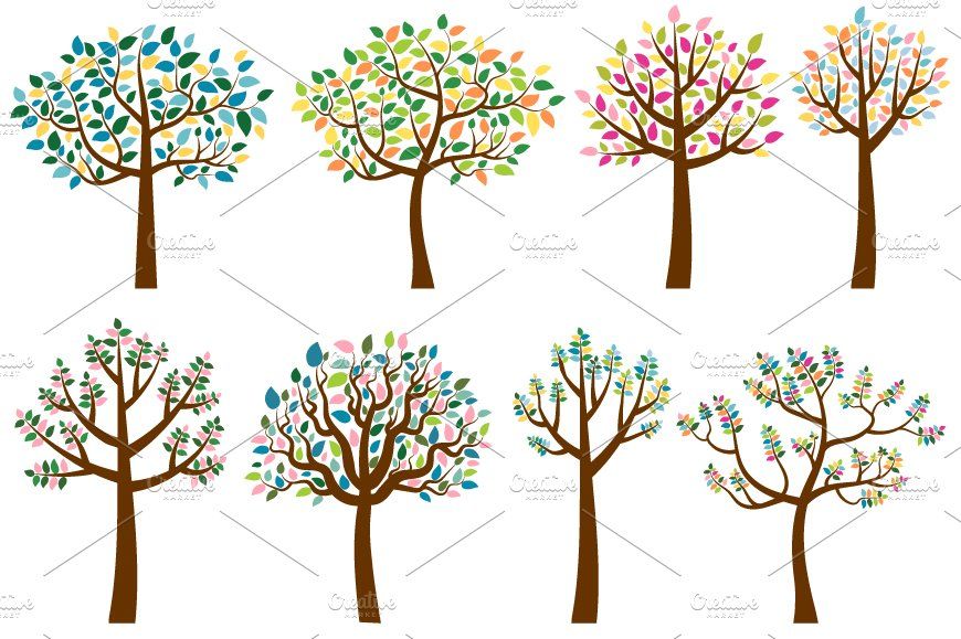 Eight colorful stylized trees with vibrant leaves in spring and autumn palettes, arranged in two rows on white background.