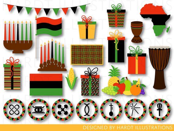 Kwanzaa celebration clipart featuring kinara, African flag, gifts, drum, fruits, and Adinkra symbols.