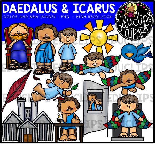 Clipart set illustrating the Greek myth of Daedalus and Icarus, including characters, wings, sun, castle, and feather in color and B&W.