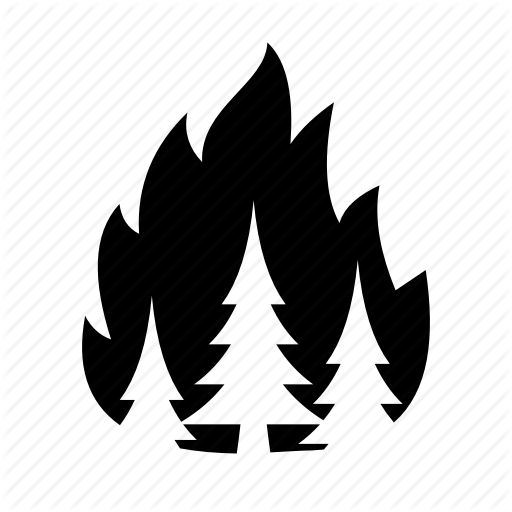 Black silhouette icon of stylized flames on a diagonal striped background.