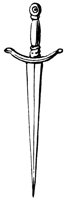 A black-and-white line drawing of a historical dagger with a straight double-edged blade, curved quillons, and a pommel.