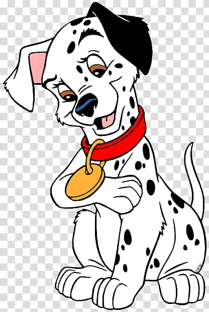 A cheerful Dalmatian puppy with black spots, wearing a red collar and gold tag, sitting with arms crossed and a playful wink.